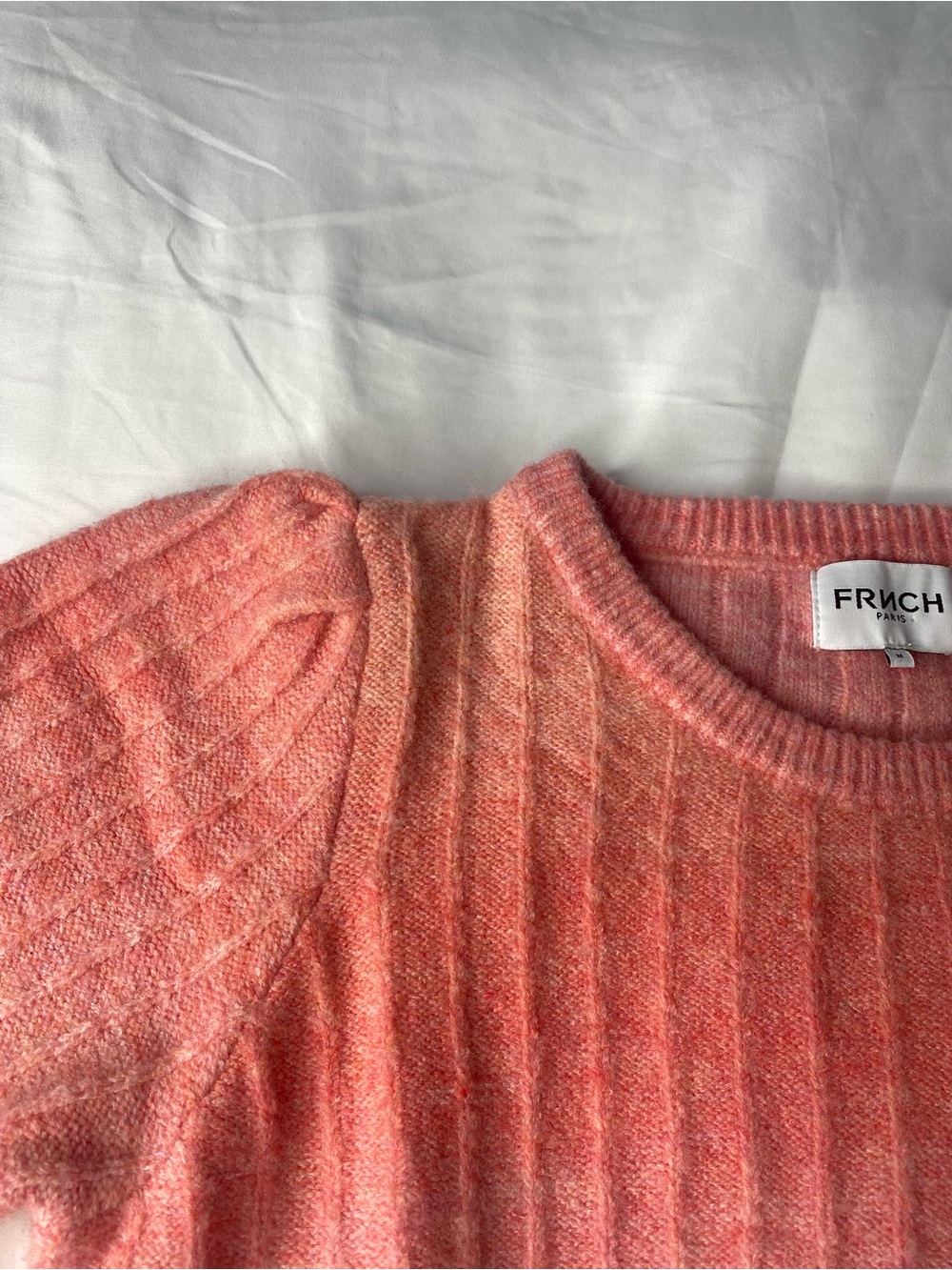 FRNCH Paris Coral Ribbed Puff-Sleeve Crew Sweater